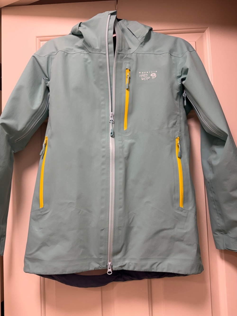 Mountain Hardwear Light Blue Hooded Shell Jacket with Yellow Zips